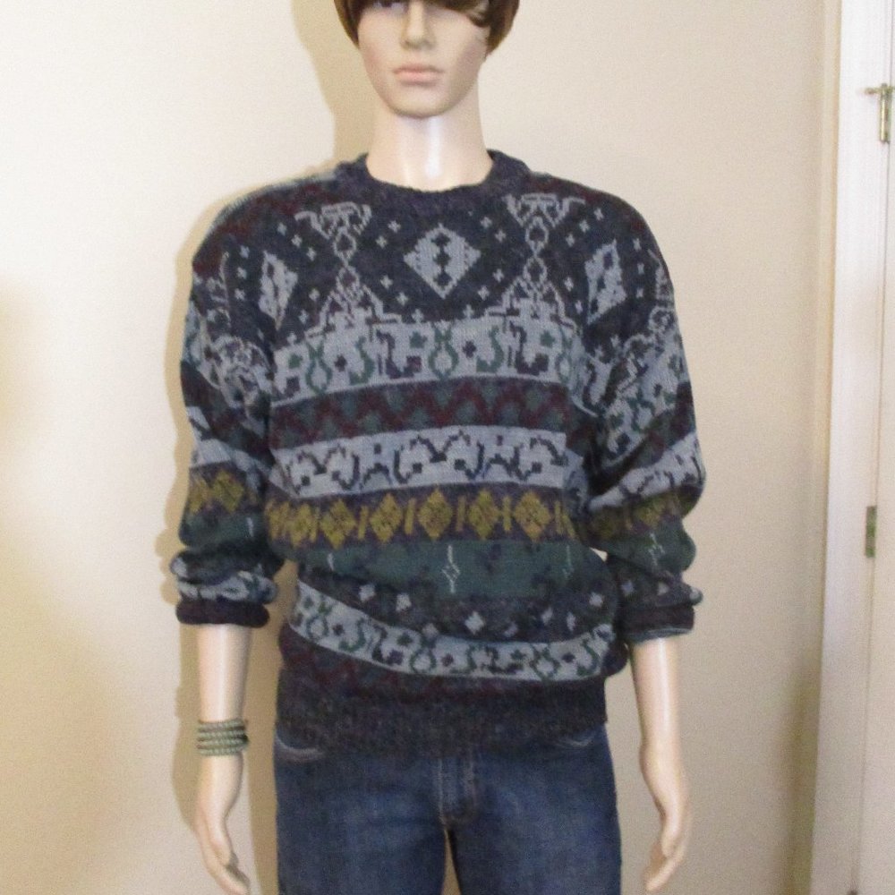 Mohair Sweater Mens sz L Crew Neck Blue Gray Vintage
